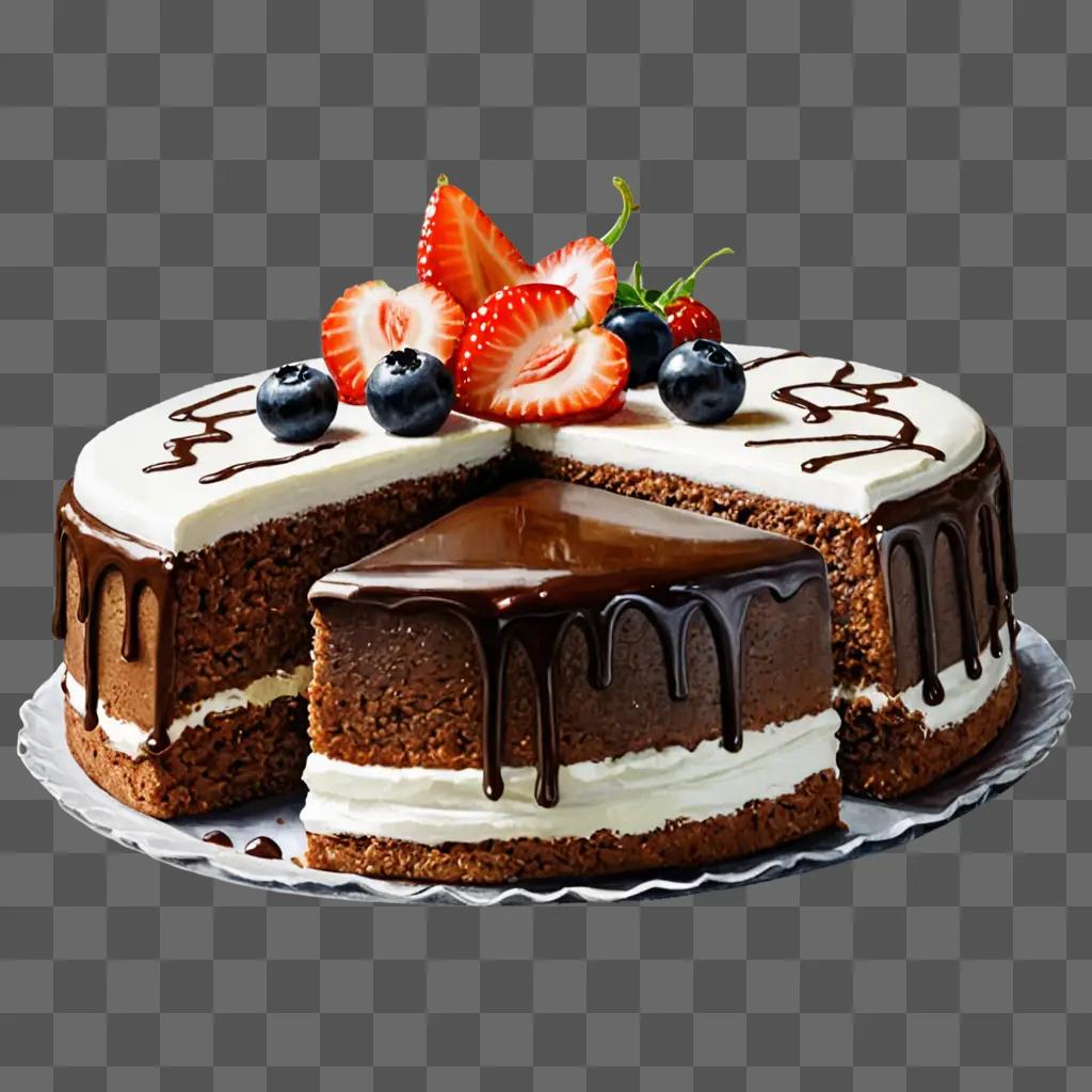 Realistic cake drawing with white frosting and strawberries