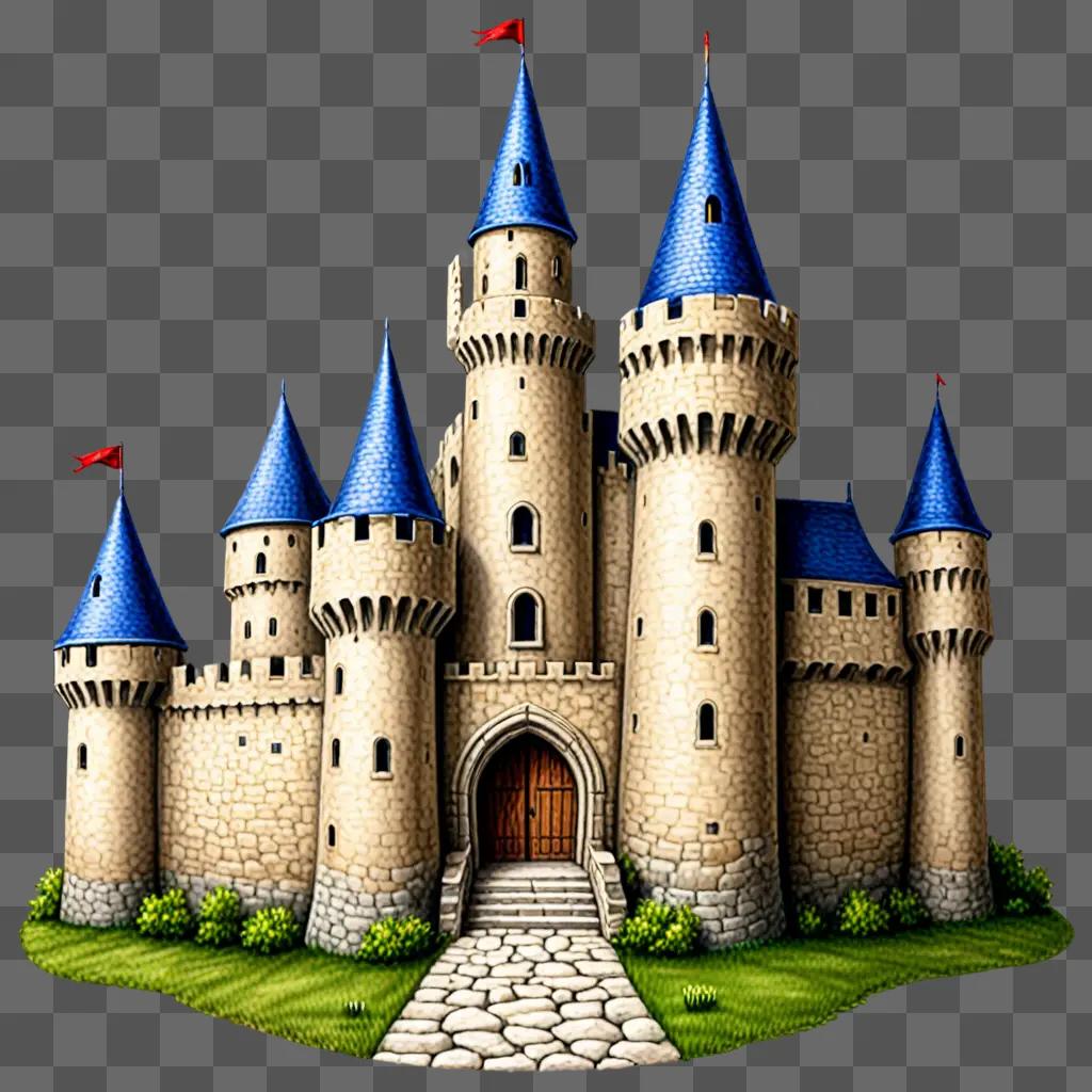 Realistic castle drawing with detailed blue roofs and red flags