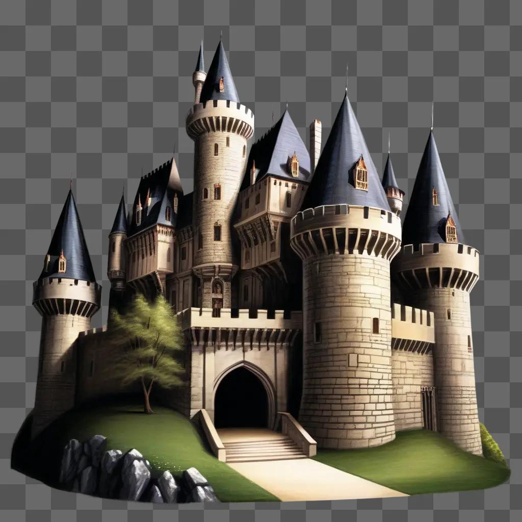 Realistic castle drawing with detailed towers and windows