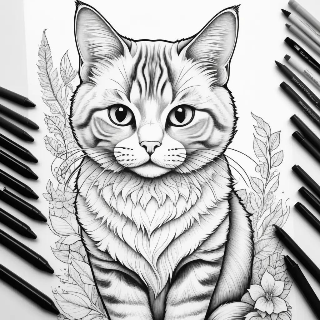 Realistic cat coloring pages: black and white cat drawing