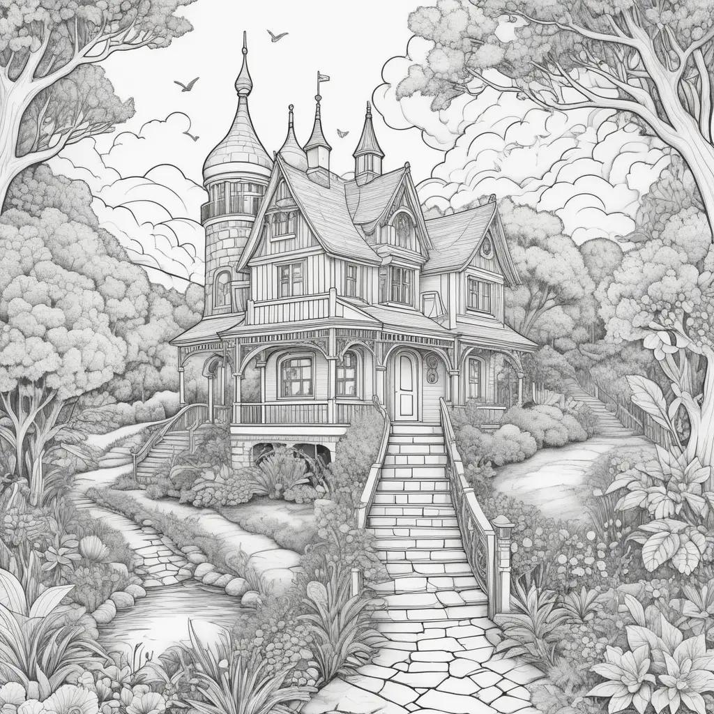 Realistic coloring page of a castle and trees