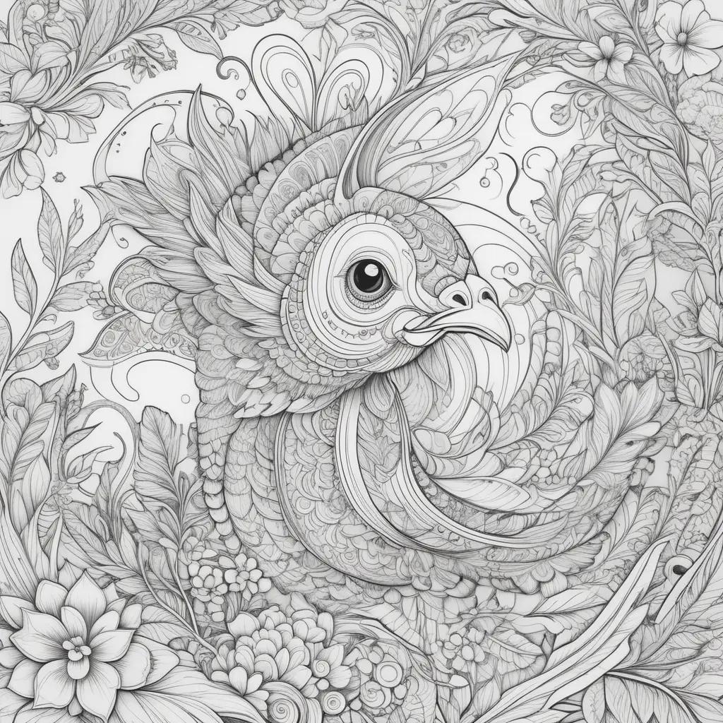 Realistic coloring pages for adults, featuring a stylized bird and floral patterns