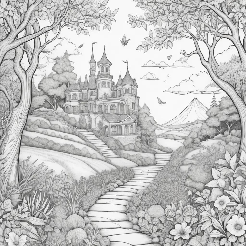 Realistic coloring pages for adults feature a fantasy castle and pathway