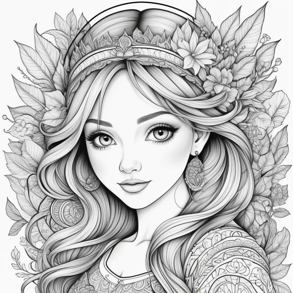 Realistic coloring pages for adults featuring a girl with a crown and a flower crown