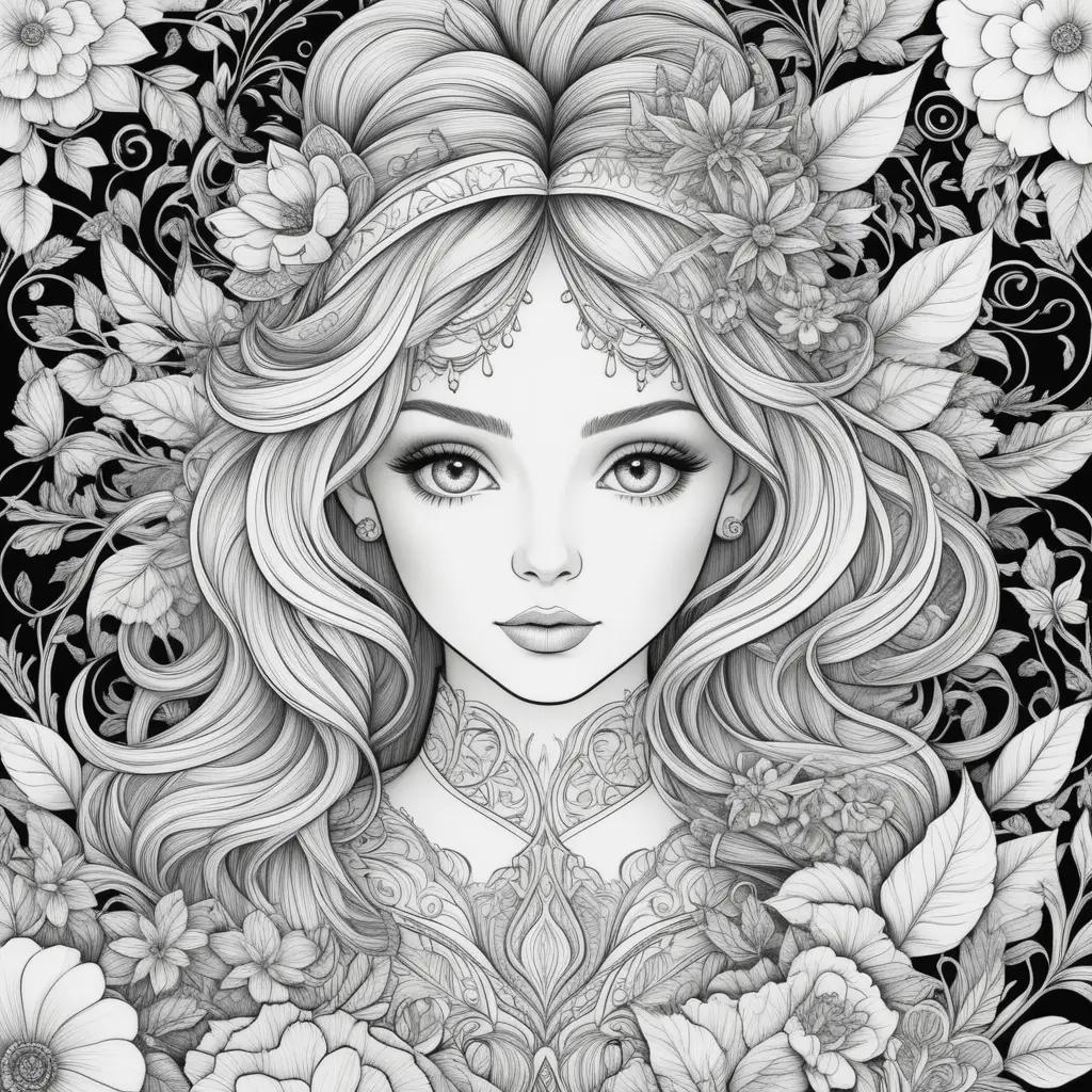 Realistic coloring pages for adults featuring a woman with a flower crown