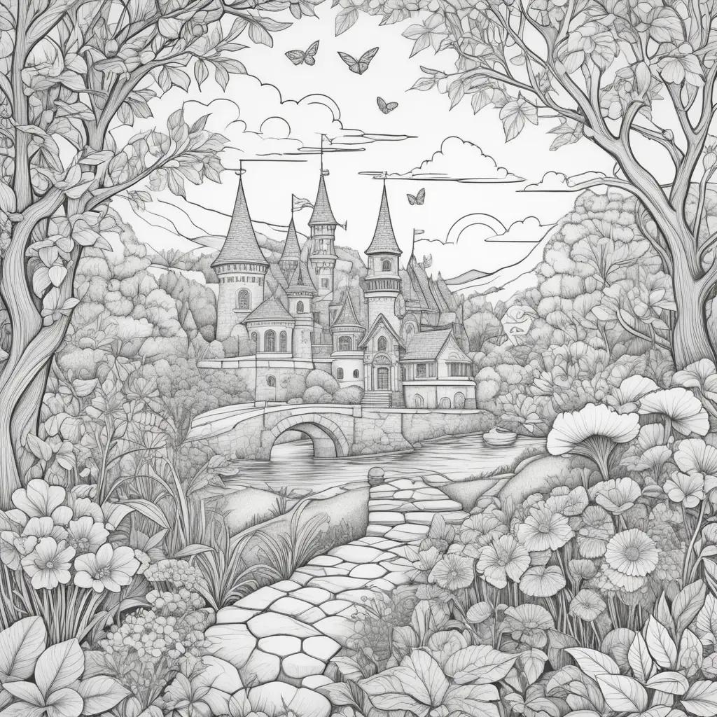 Realistic coloring pages of a castle in a forest