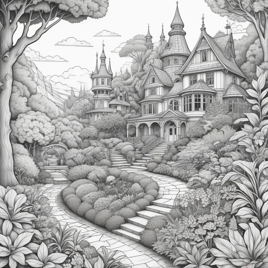 Realistic coloring pages of a fantasy castle and gardens