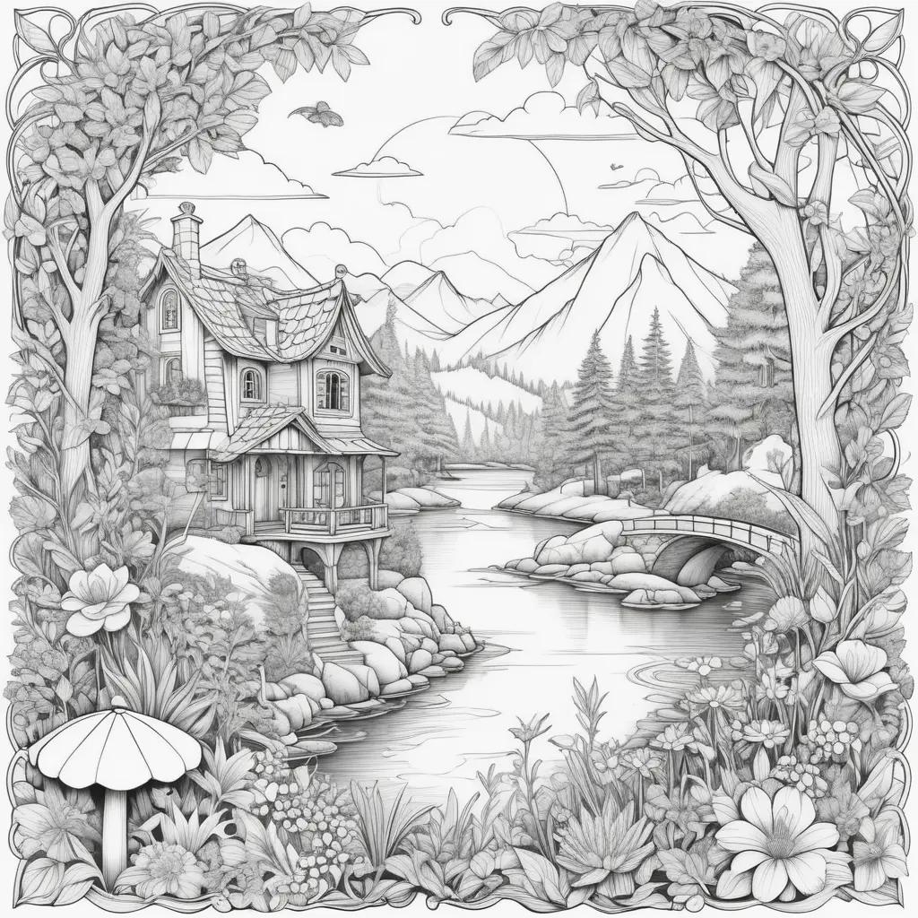 Realistic coloring pages of a mountain scene