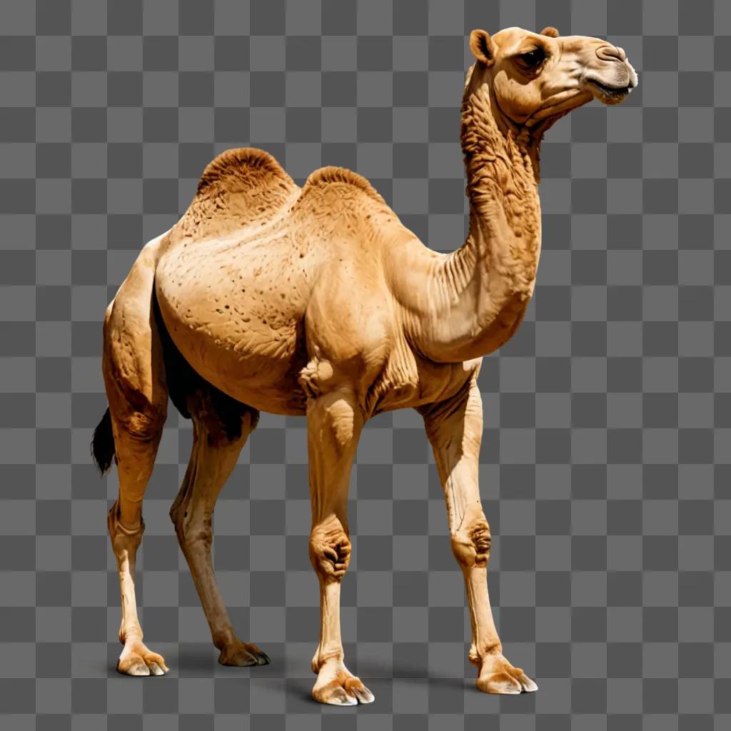 Realistic drawing of a camel standing on a brown background