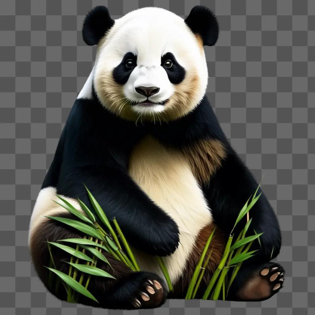 Realistic drawing of a panda bear with green leaves