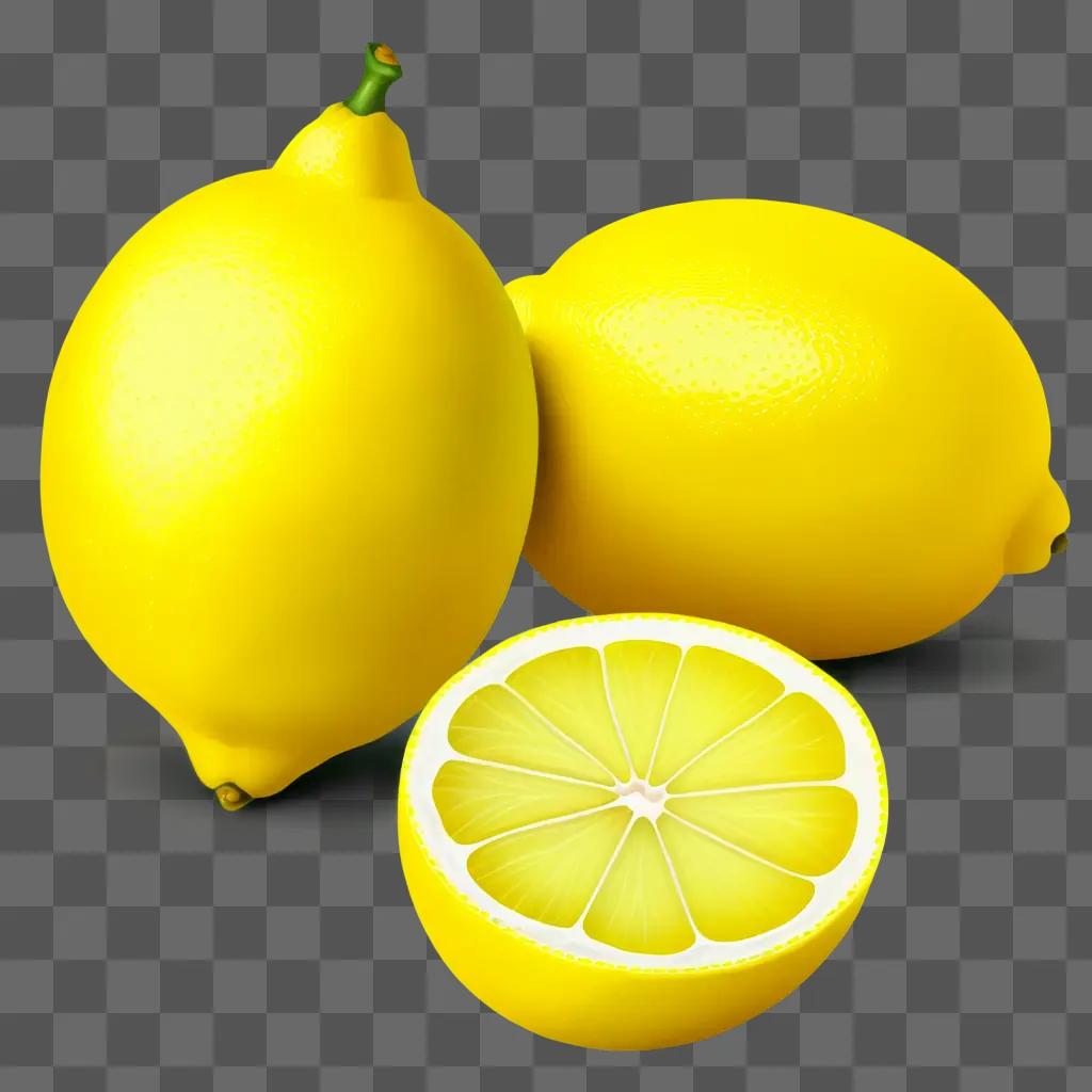 Realistic drawing of a yellow lemon on a yellow surface