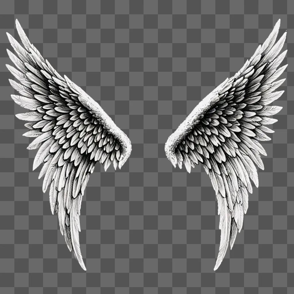 Realistic drawing of angel wings against a gray background