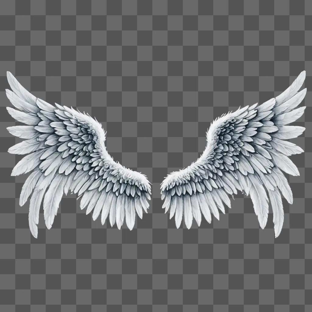 Realistic drawing of angel wings against a grey background