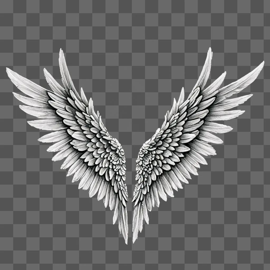 Realistic drawing of angel wings on a gray background