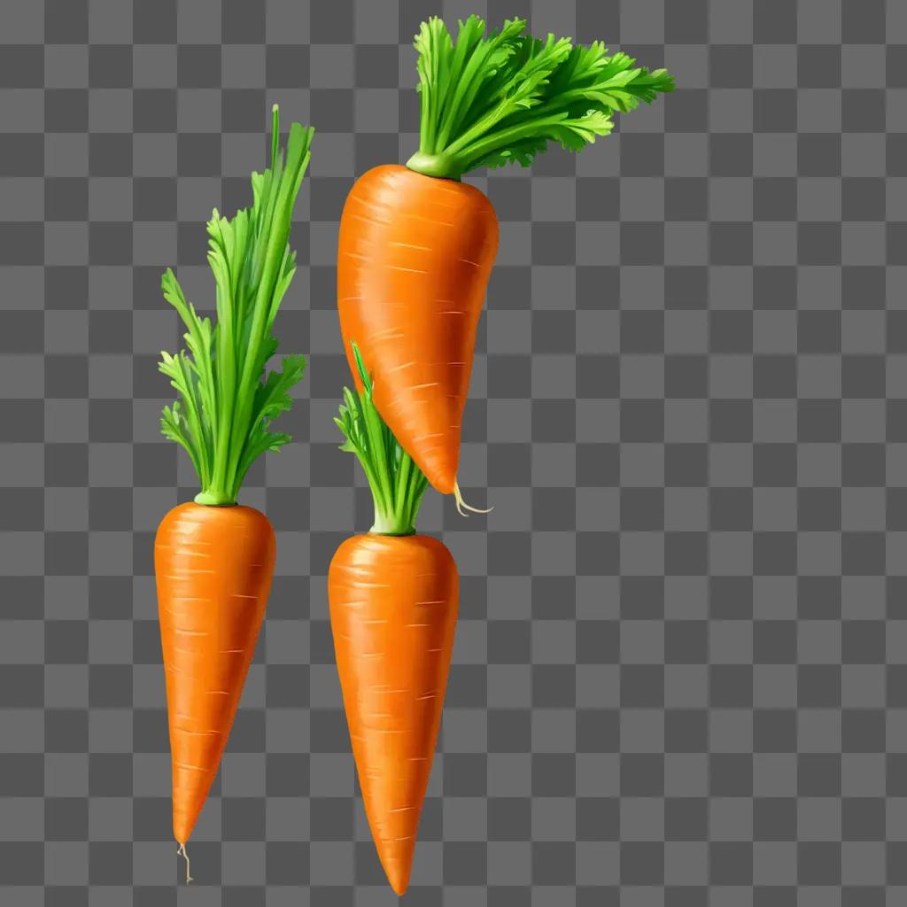 Realistic drawing of three carrots on a yellow background