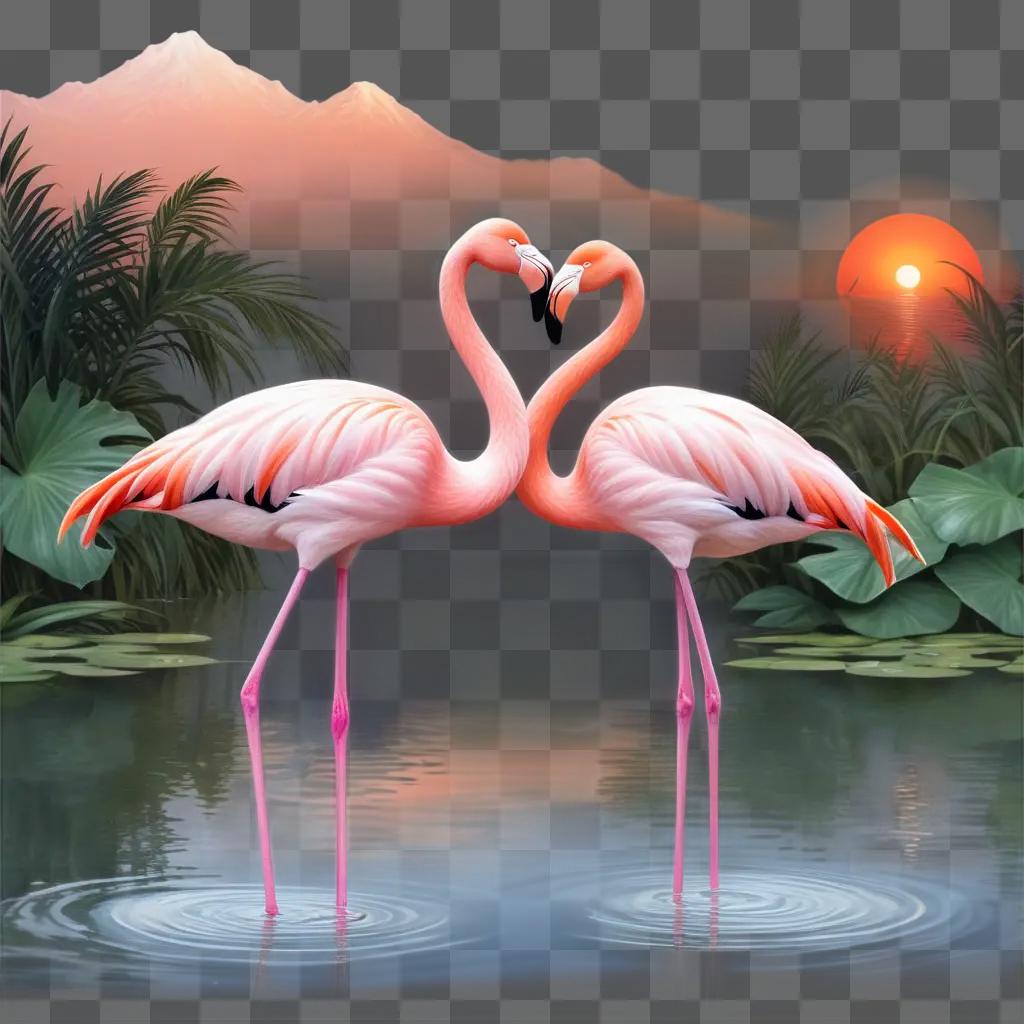 Realistic drawing of two flamingos in a lake