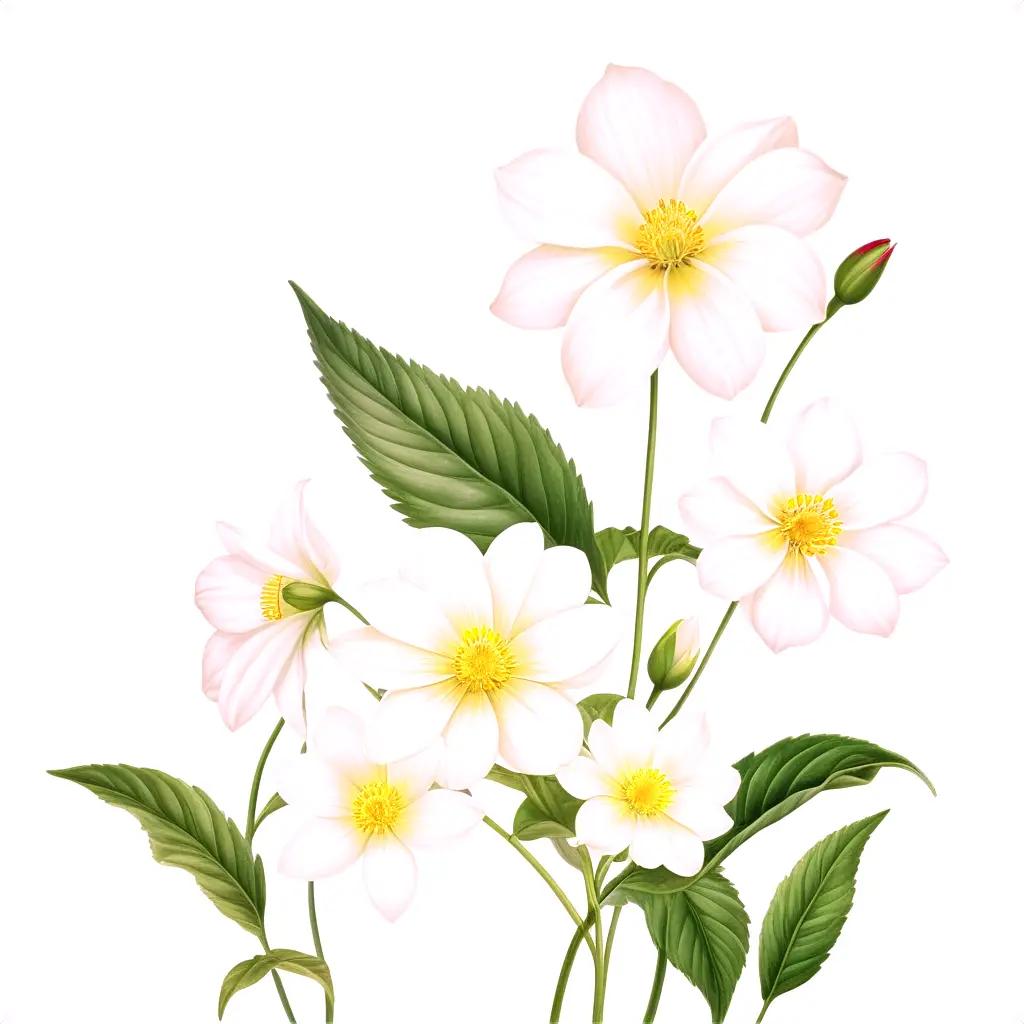 Realistic drawing of white flowers with green leaves