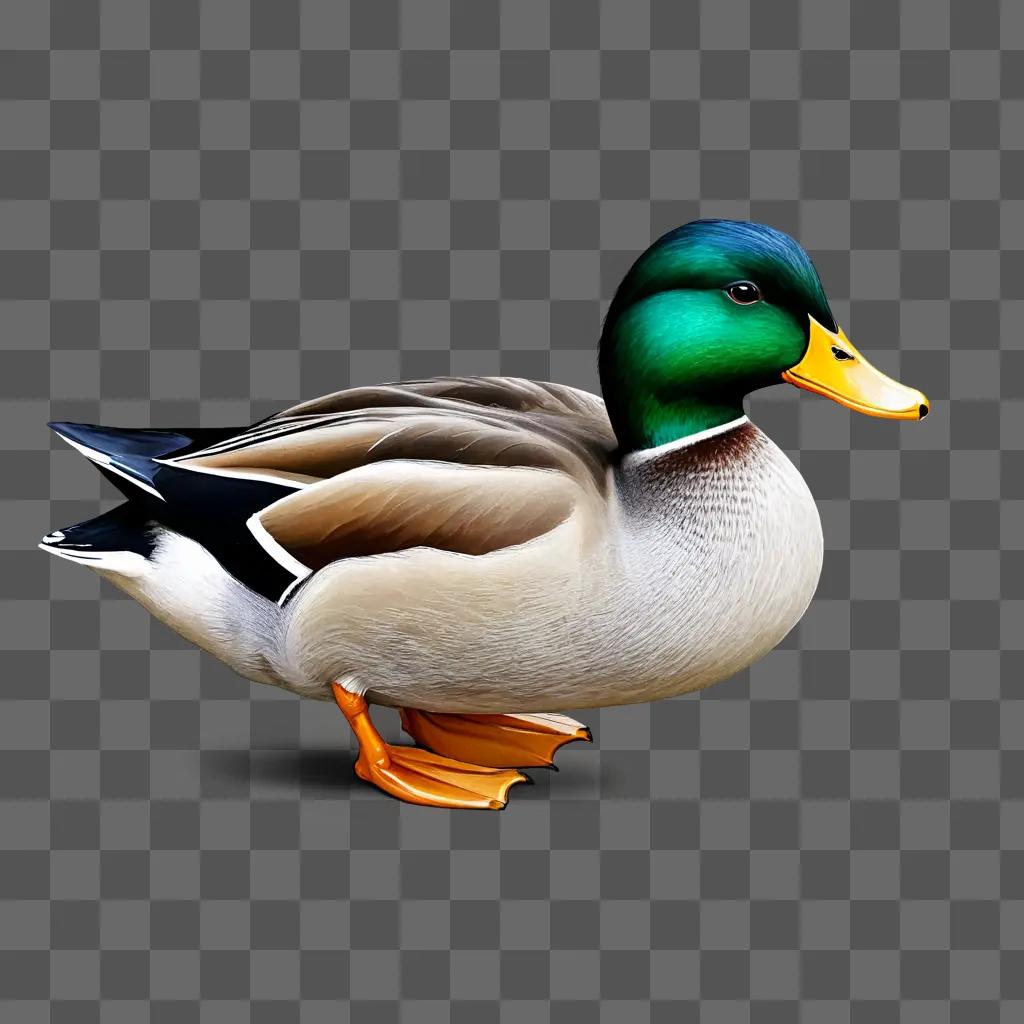 Realistic duck drawing of a green duck with yellow beak and feet