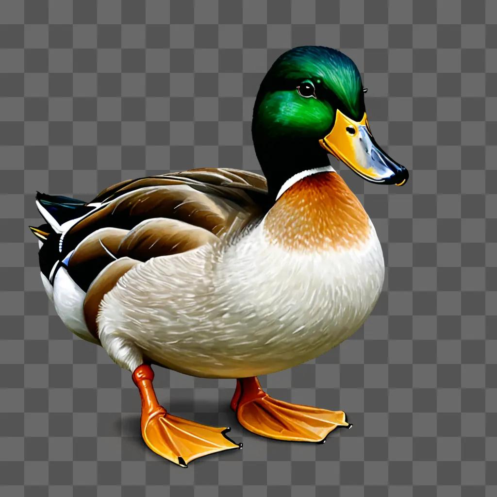 Realistic duck drawing with orange legs and green beak