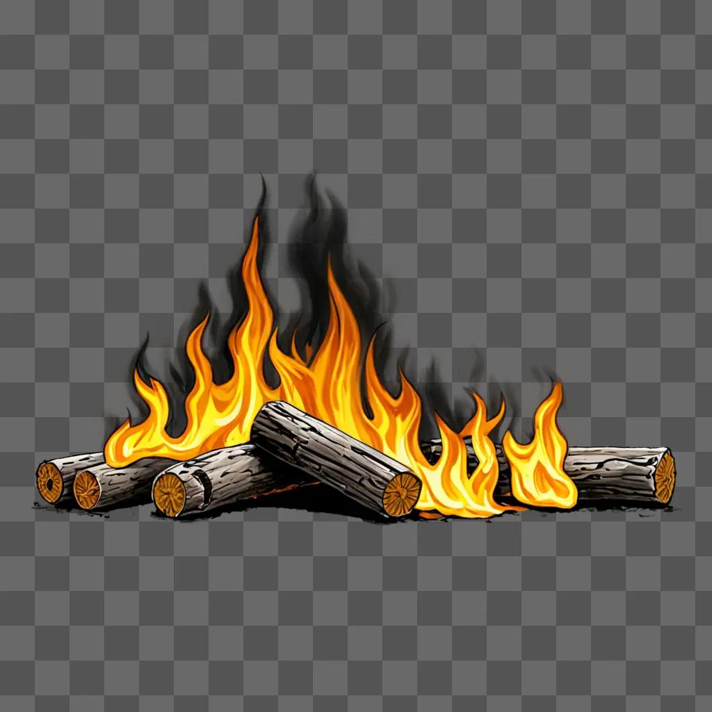 Realistic fire drawing of logs on a brown background