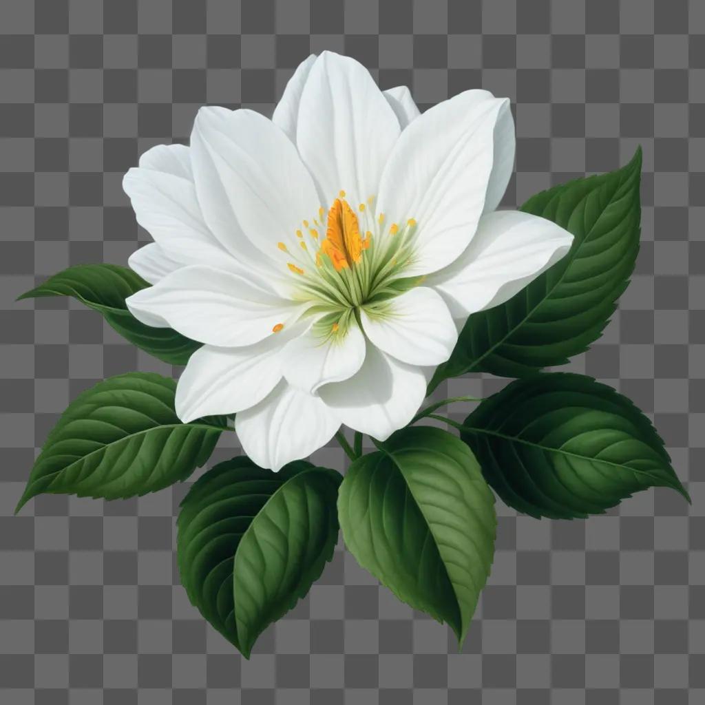 Realistic flower drawing of white flower with green leaves