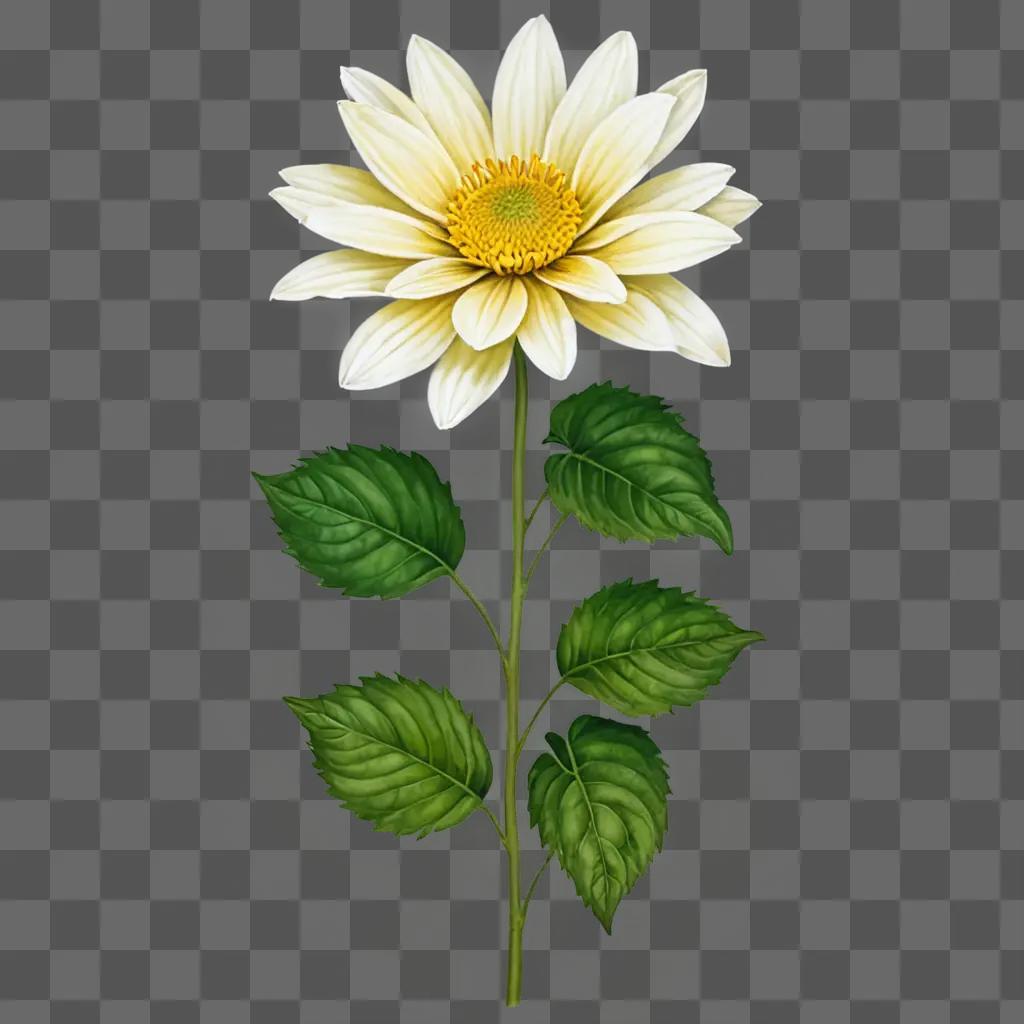 Realistic flower drawing with green leaves and yellow center