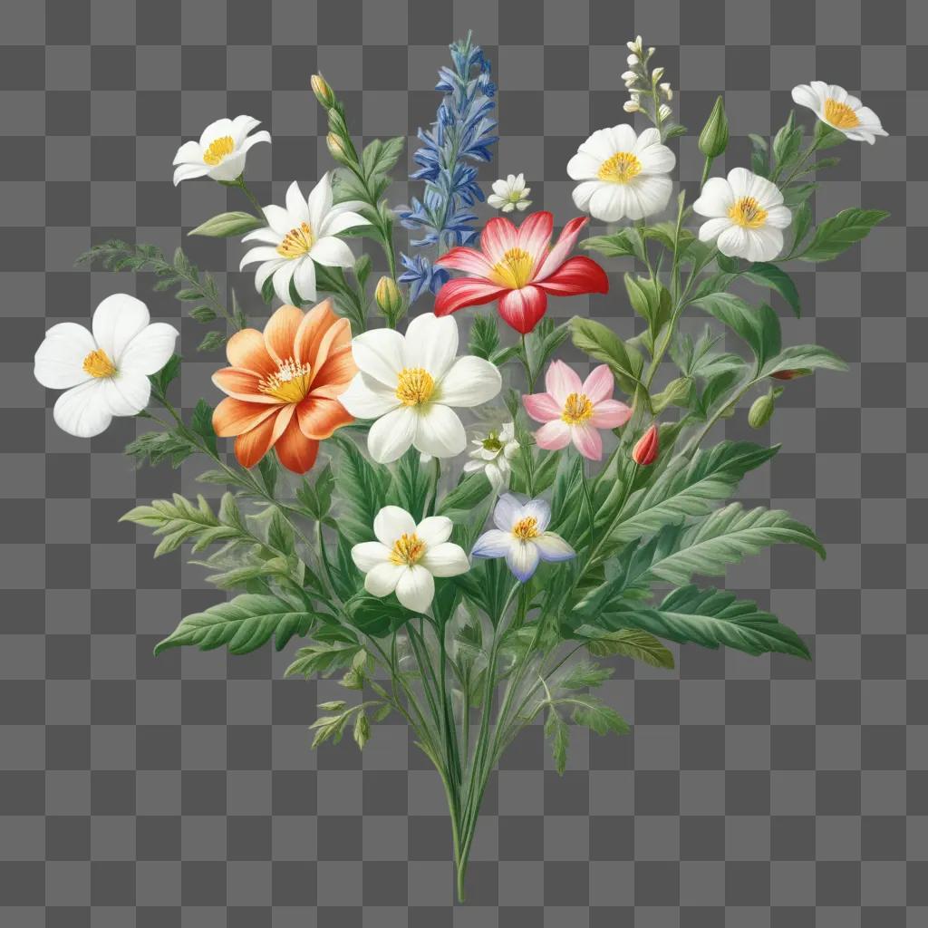 Realistic flower drawing with many different flowers