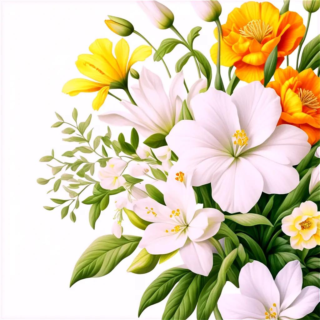 Realistic flower drawing with white and orange flowers