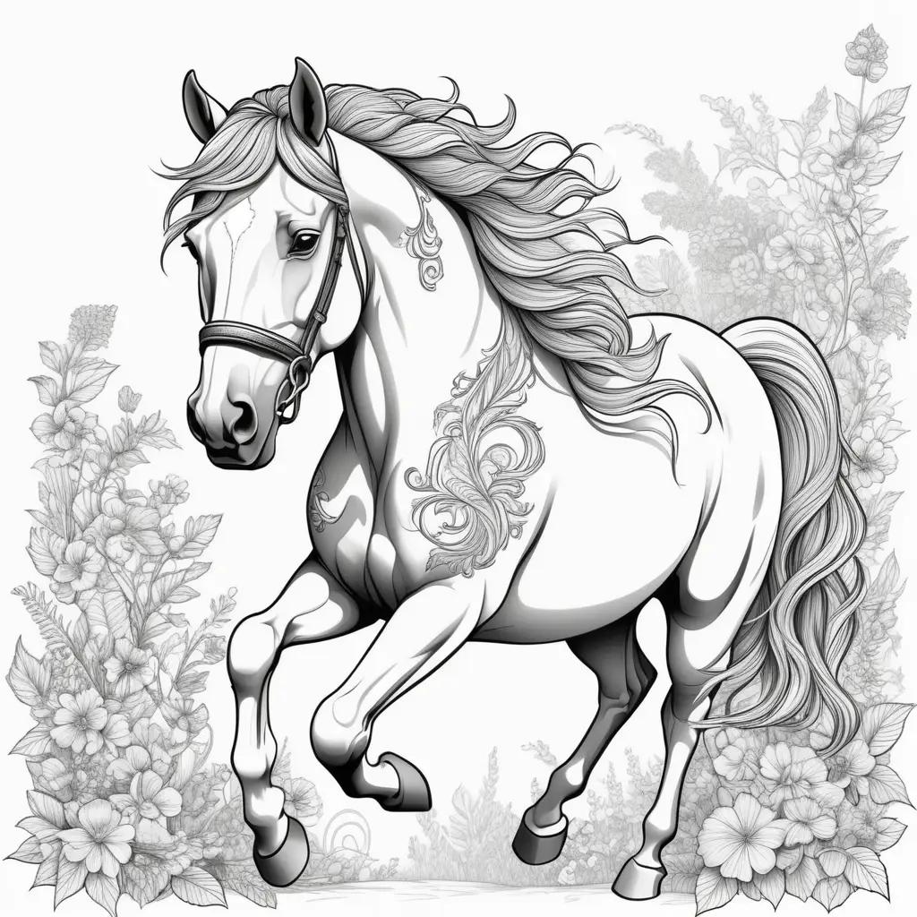 Realistic horse coloring pages featuring a flowing black and white horse with a floral background