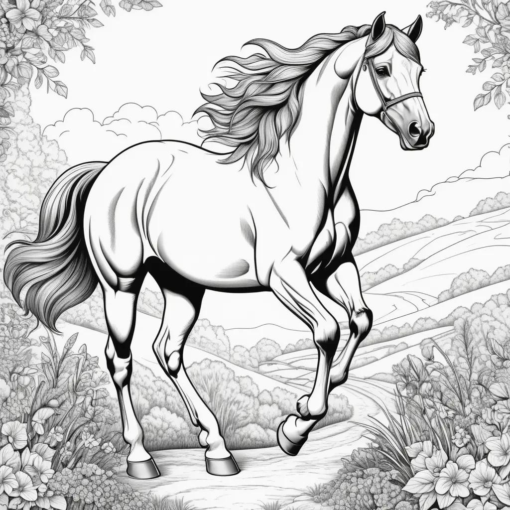 Realistic horse coloring pages featuring a running horse in the wild