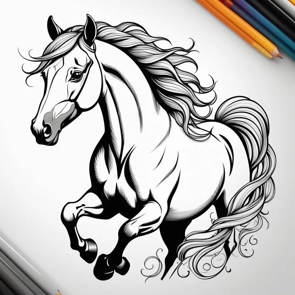 Realistic horse coloring pages with black and white design