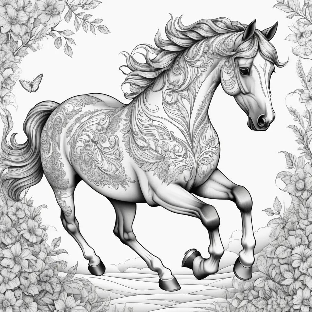 Realistic horse coloring pages with black and white lines