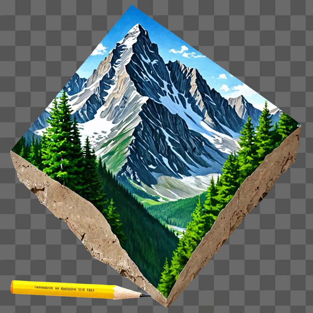 Realistic mountain drawing made with a yellow pencil