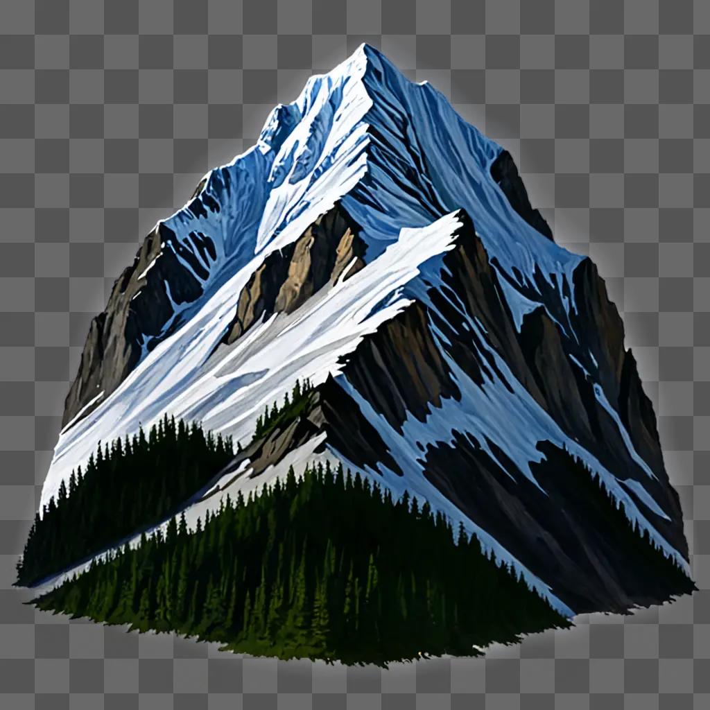 Realistic mountain drawing of a snowy peak with trees