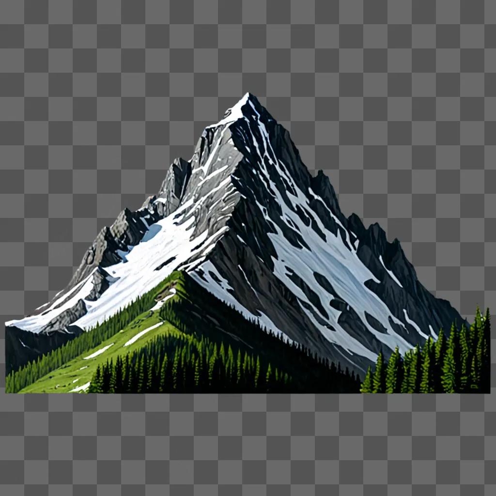 Realistic mountain drawing with green trees and snow