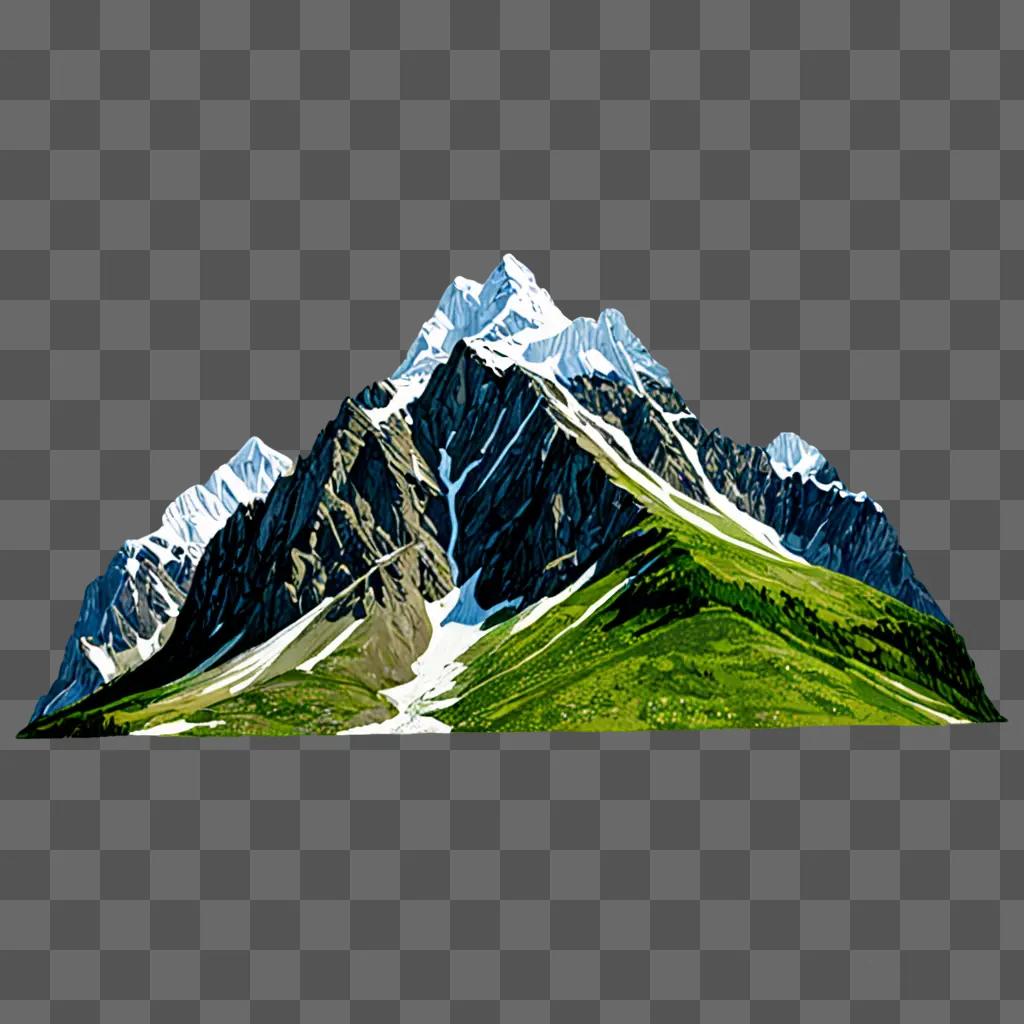 Realistic mountain drawing with snowy peaks and green grass