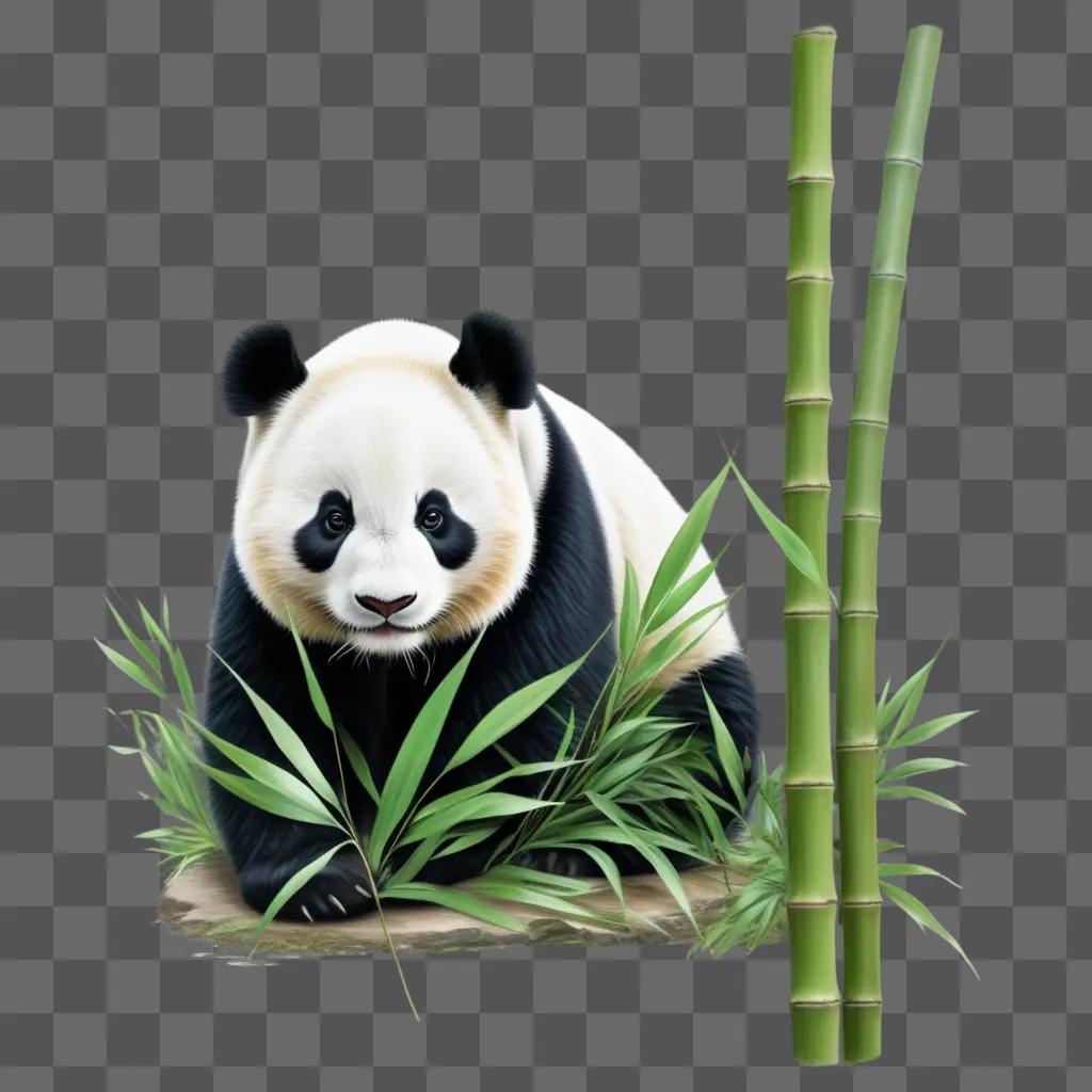 Realistic panda drawing in green and bamboo