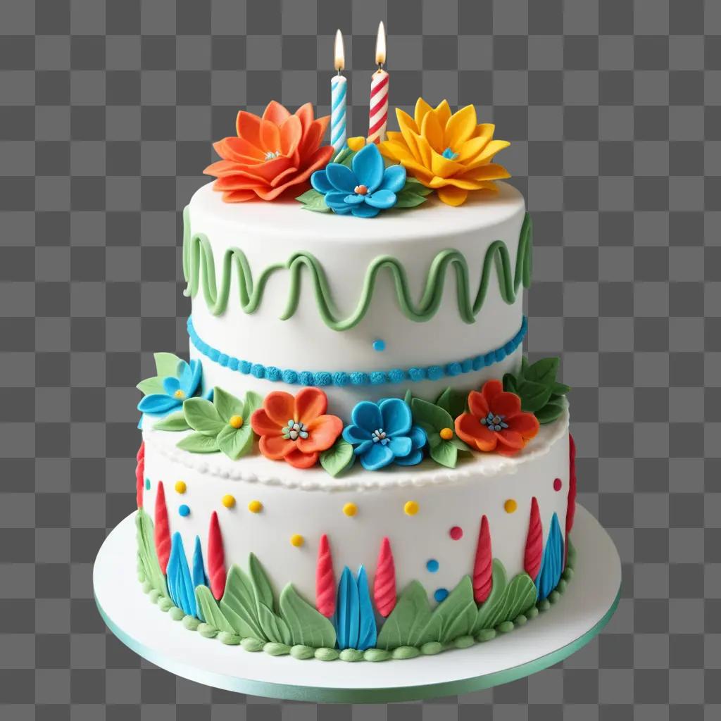 Realistic two-tiered birthday cake with colorful flowers and candles