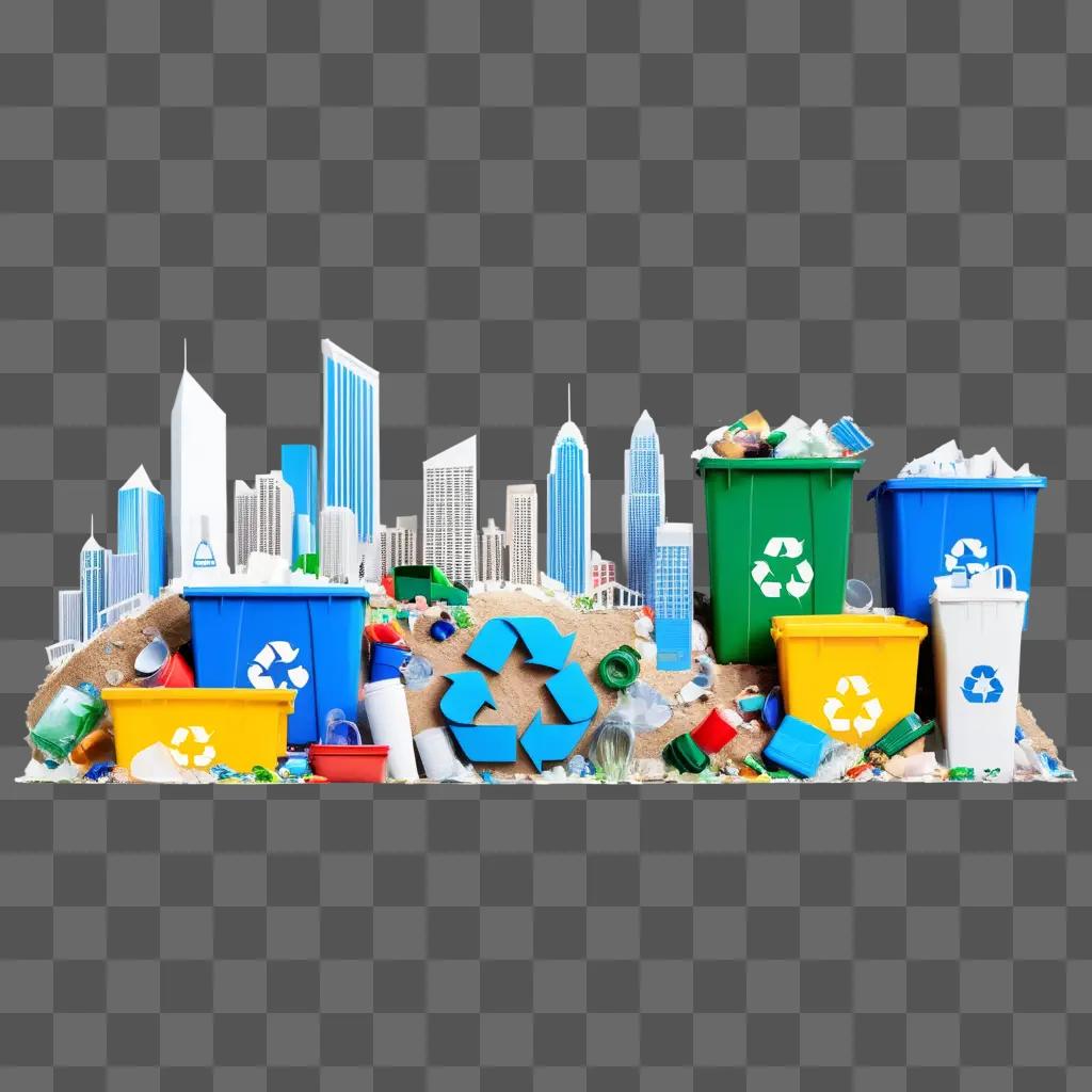 都市のシーンでリサイクル可能なゴミ箱とボトル