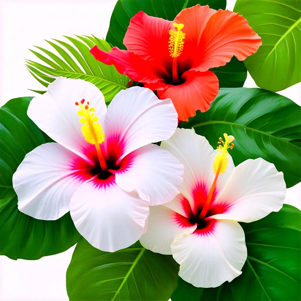 Red and white flowers with green leaves in Hawaii