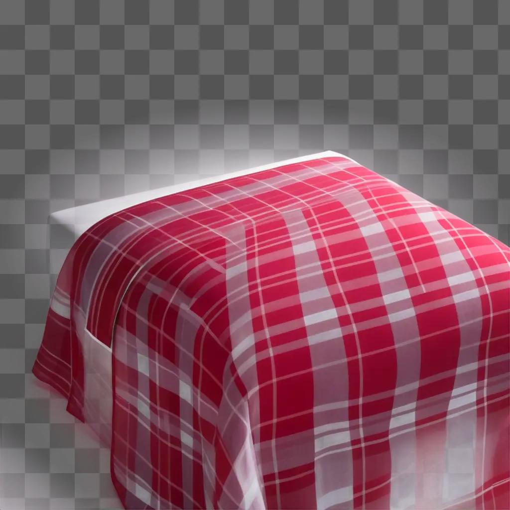 Red and white plaid blanket on a bed with a transparent backdrop