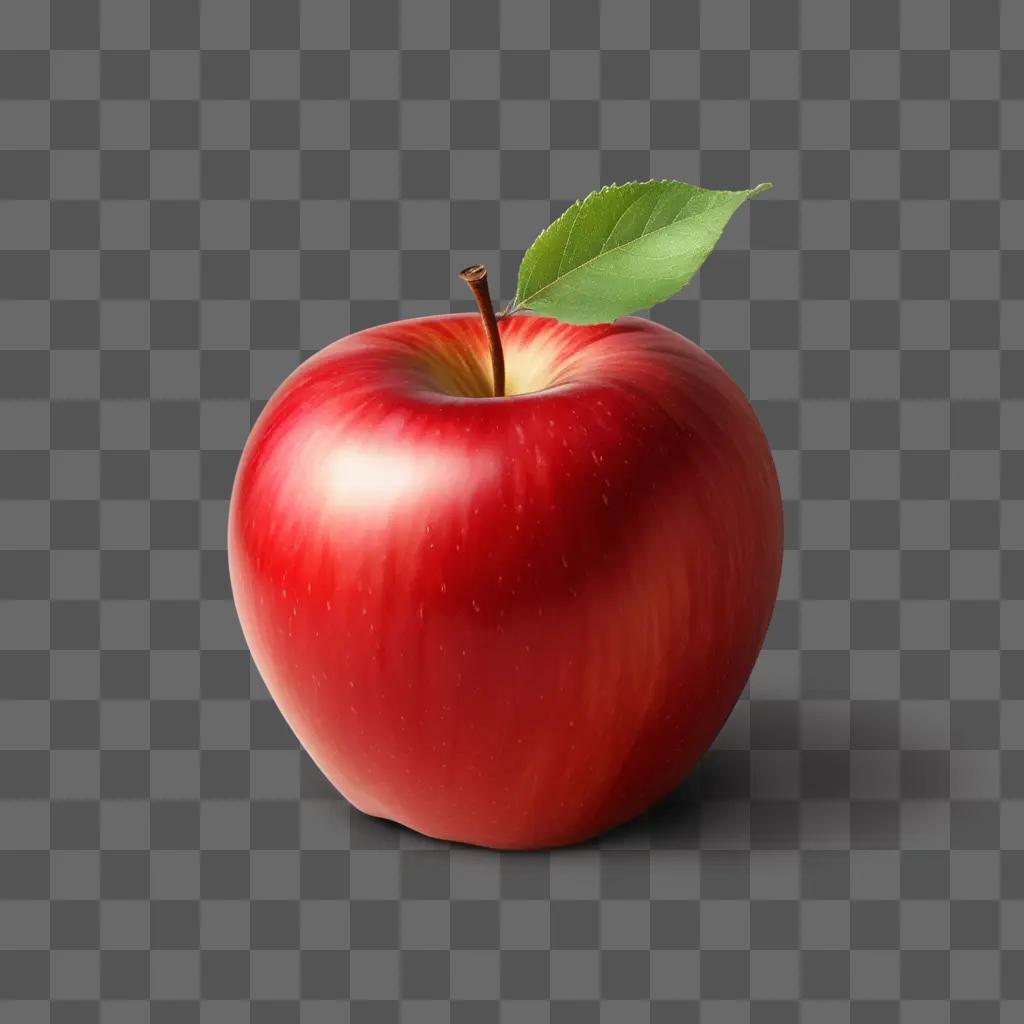 Red apple with green stem and leaf on a red background