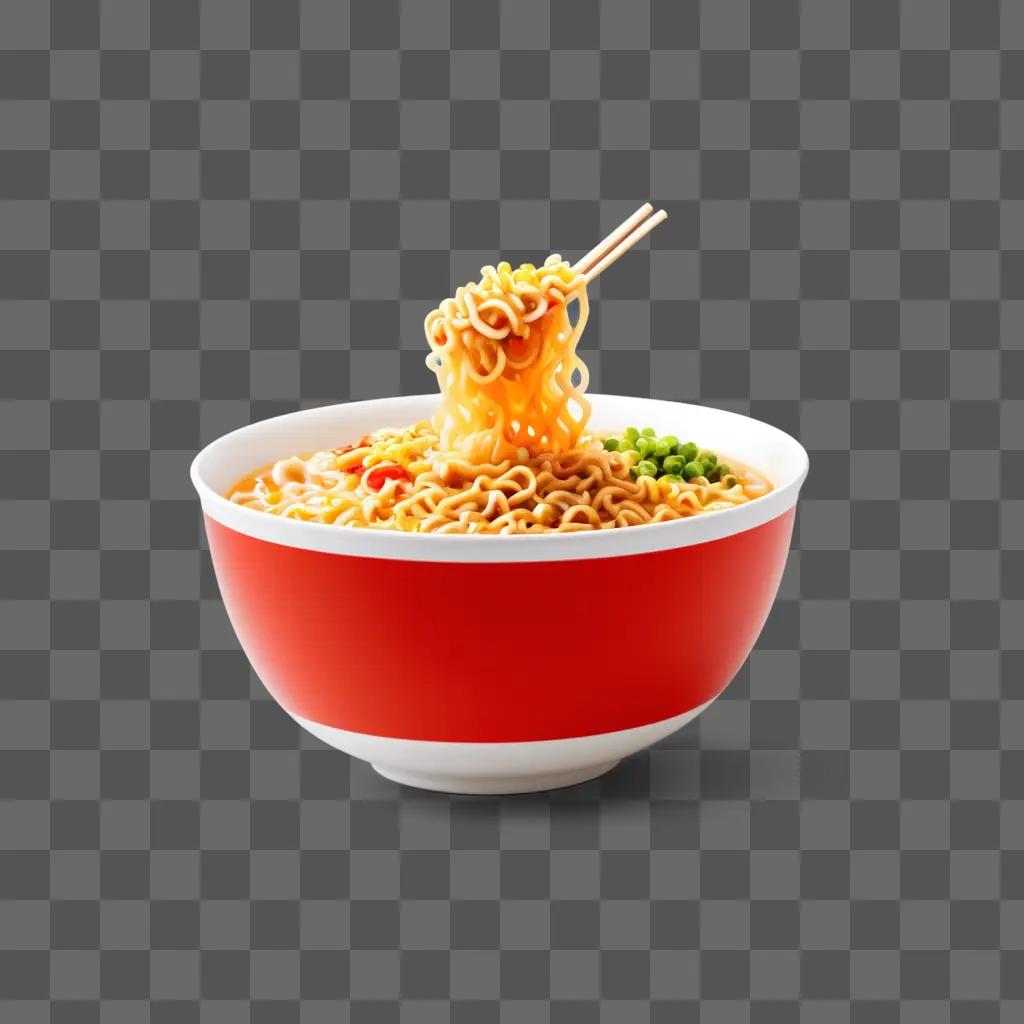 Red bowl with noodles and chopsticks on a pink background