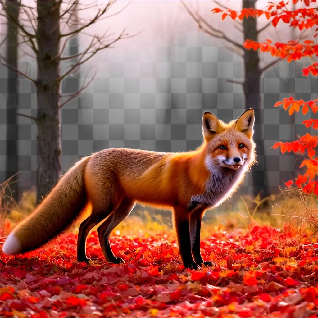 Red fox in autumn forest with red leaves