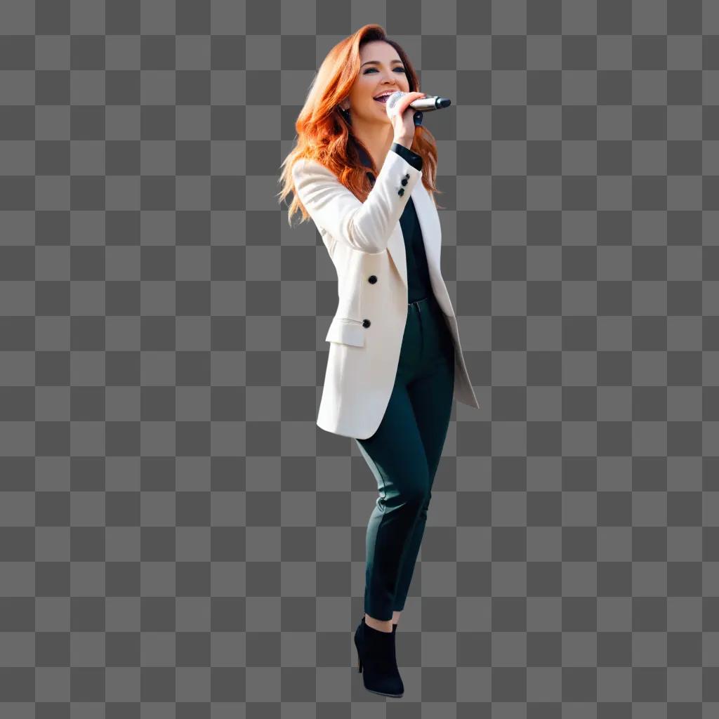 Red-haired singer in white jacket and pants