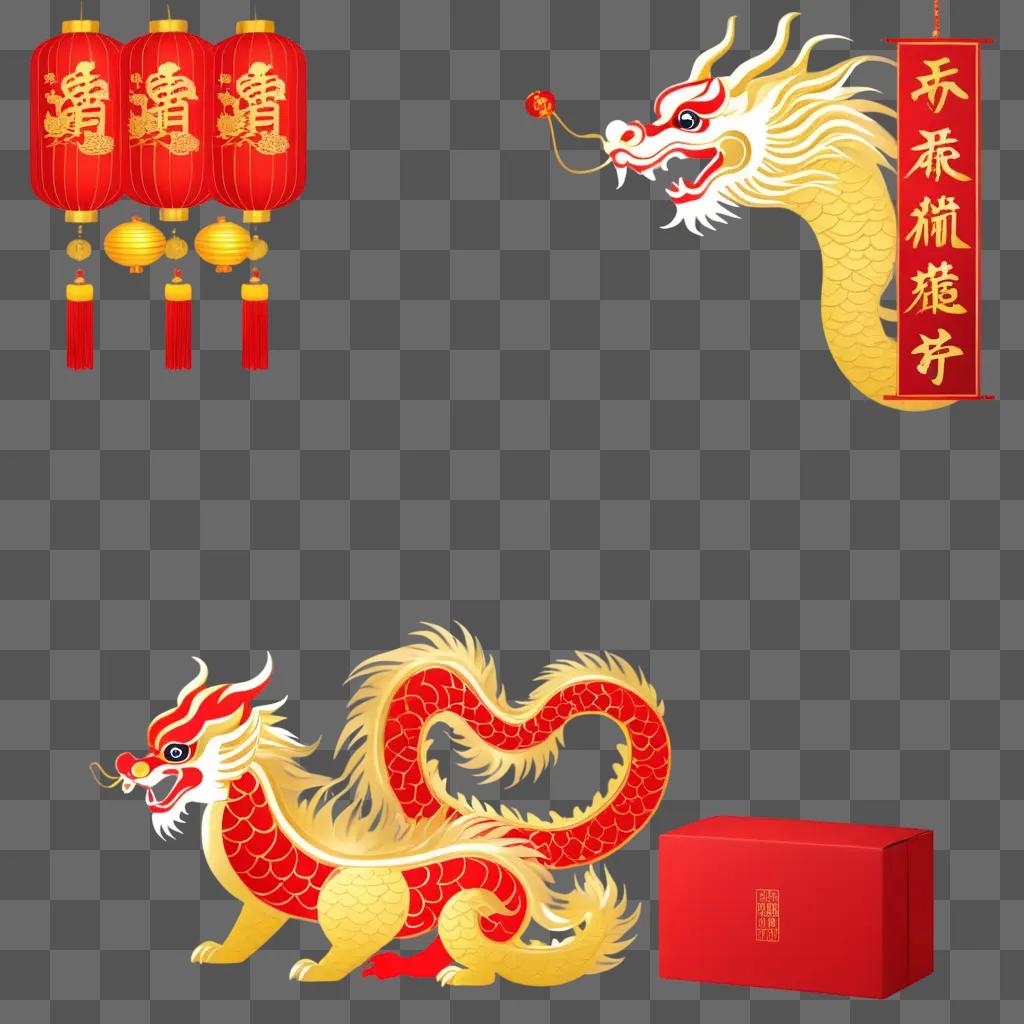 Red lanterns, dragons, and Chinese New Year decoration