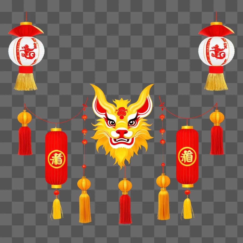 Red lanterns, lion head, and dragon decorations for Chinese New Year