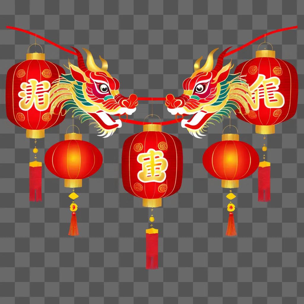 Red lanterns with Chinese New Year decoration on wall