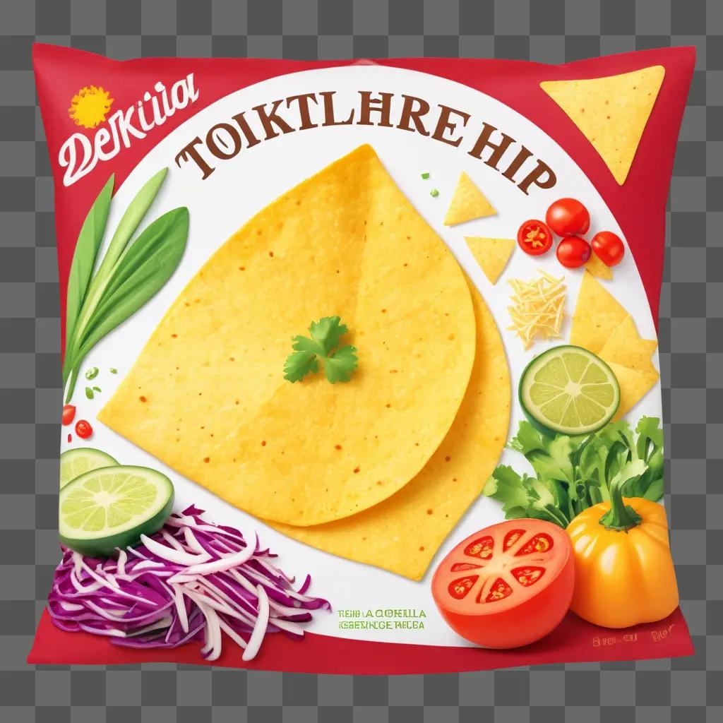 Red package of tortilla chips with various toppings