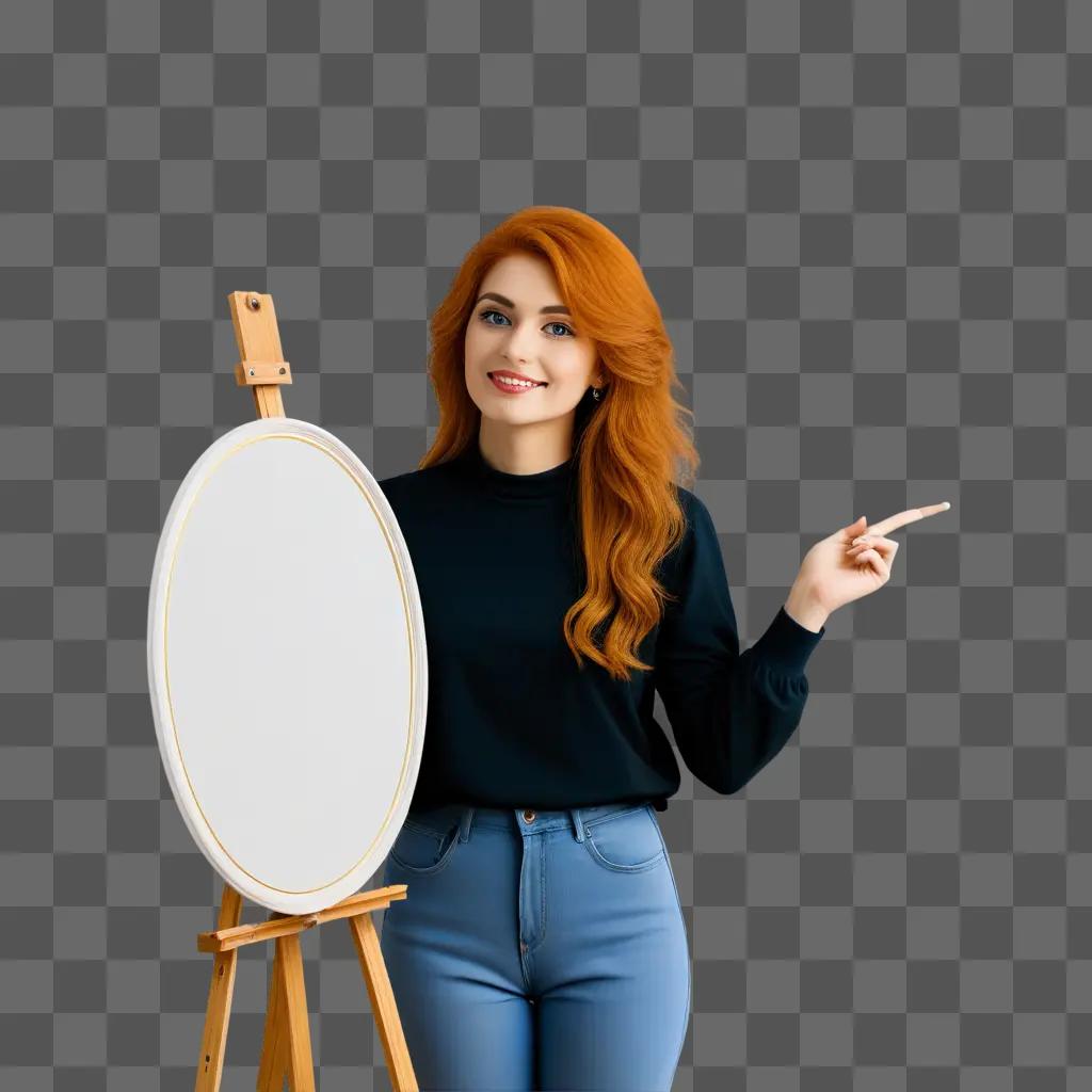 Redhead woman pointing at a blank canvas